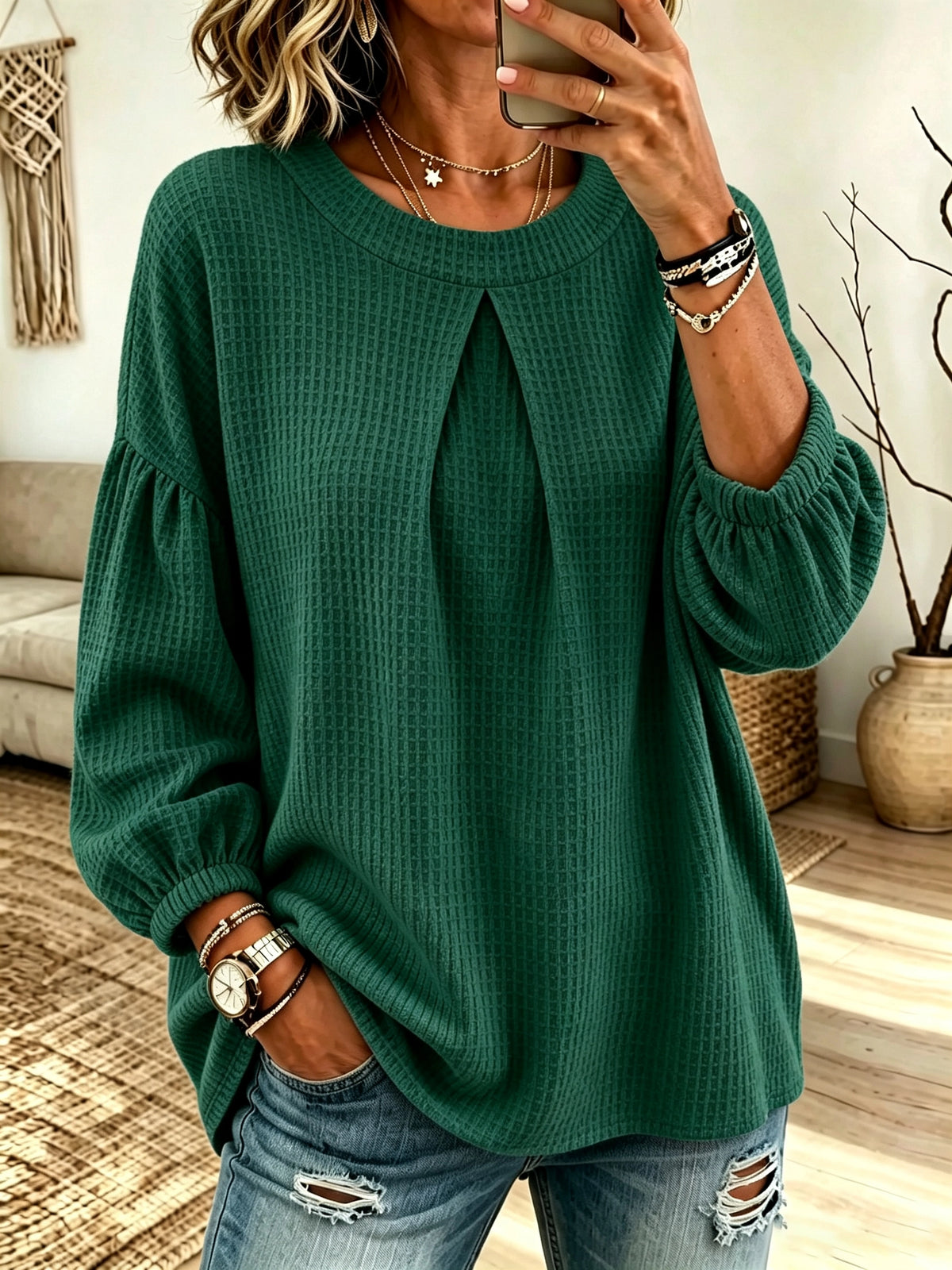 Women's Pleated Waffle Knit Pullover Blouse