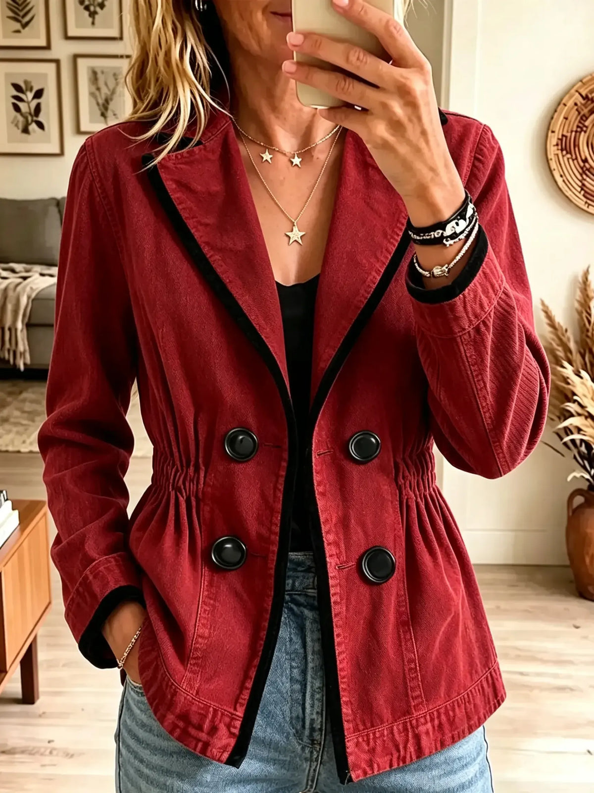 Women's Contrast Trim Double-Breasted Blazer