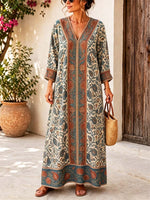Retro Ethnic Floral Pattern Art Print Casual V-neck Cotton Linen Maxi Dress