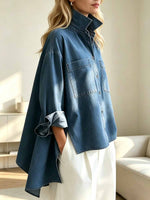 Retro Stand Collar Irregular Hem Stylish Art Casual Long Sleeve Denim Shirt