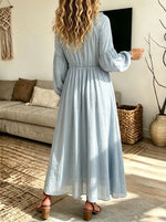 V Neck Ruffle Lantern Sleeve Flowy Midi Linen Blend Dress
