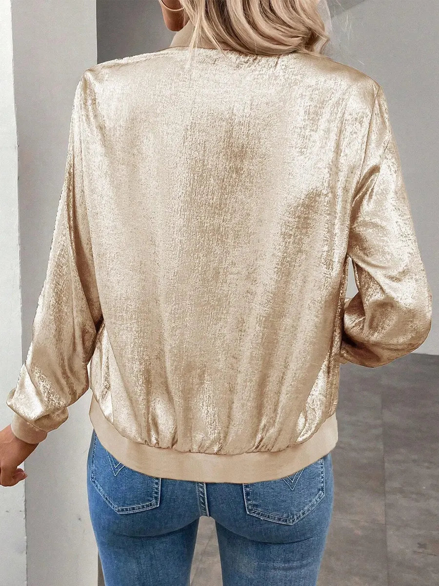 Retro Shiny Loose Casual Stylish Long Sleeve Zip Coat