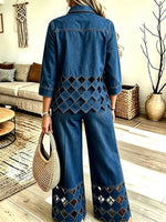Women's Diamond-pattern Cutout Denim Three-quarter Sleeve Top Wide-leg Pants Two-piece Set