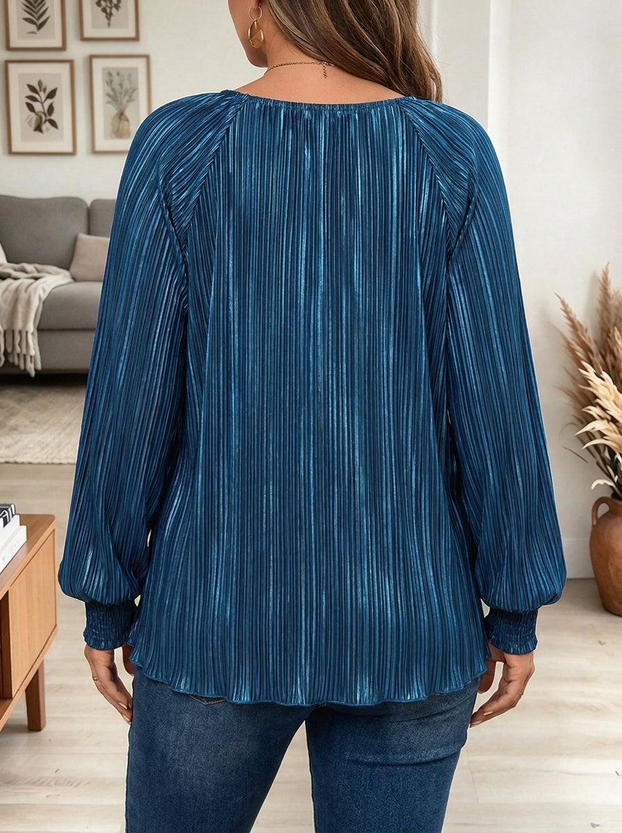 Women's Metallic Blue Pleated Long Sleeve Blouse Top with Lantern Sleeves