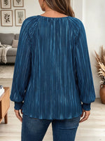 Women's Metallic Blue Pleated Long Sleeve Blouse Top with Lantern Sleeves