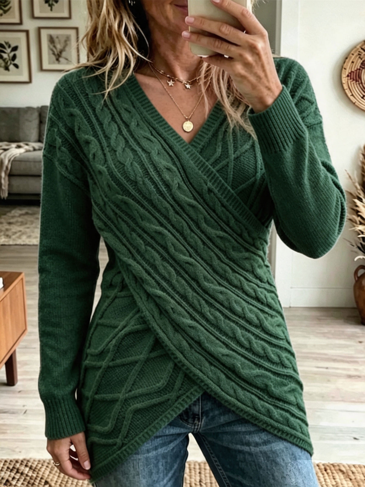 Cable Knit Wrap V‑neck Sweater, Asymmetrical Hem Long Sleeve Pullover
