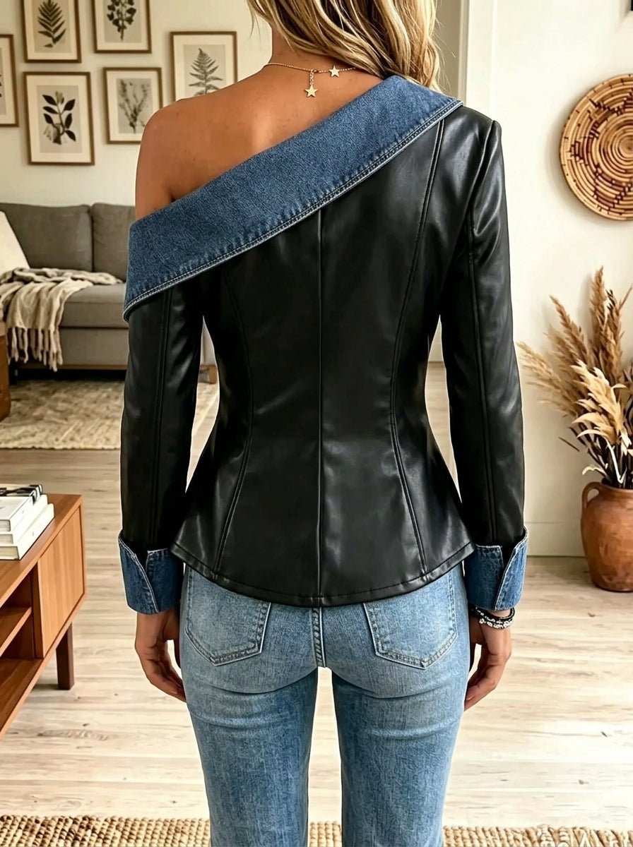 Women's Denim Trim One-Shoulder Leather Blazer