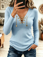 Women's V Neck Gold Chain Lace Up Ribbed Knit Top, Heart Charm Slim Fit Blouse