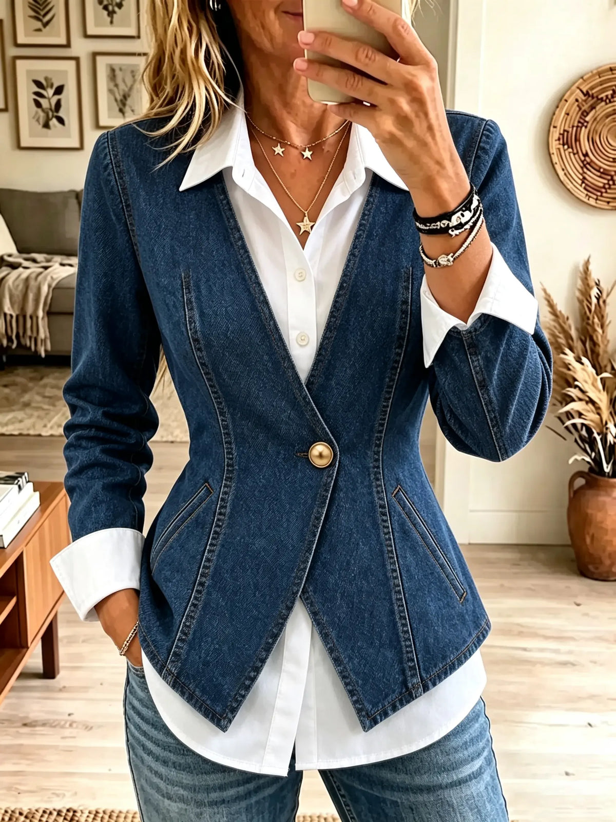 Women's Single-Button Peplum Denim Blazer