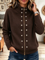 Women's Brown Turtleneck Full Zip Knit Cardigan with Double-Breasted Metal Buttons