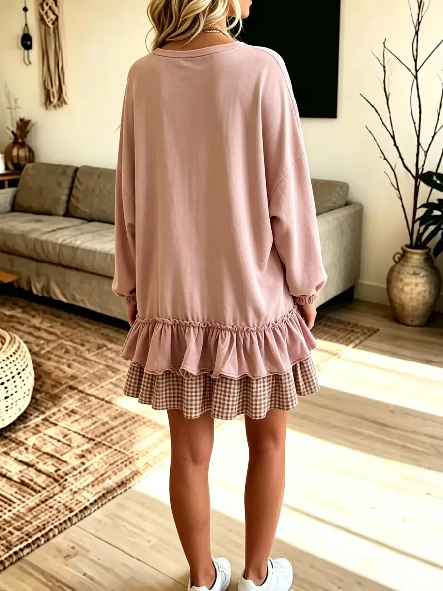 Retro Ruffle Plaid Patchwork Art Casual Stylish Long Sleeve Short Dress