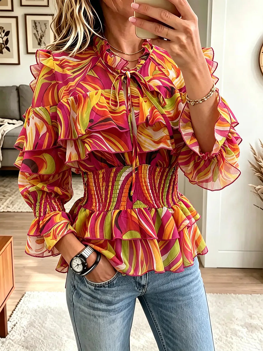 Women's Sweet And Fresh Floral Tie-front Ruched Blouse