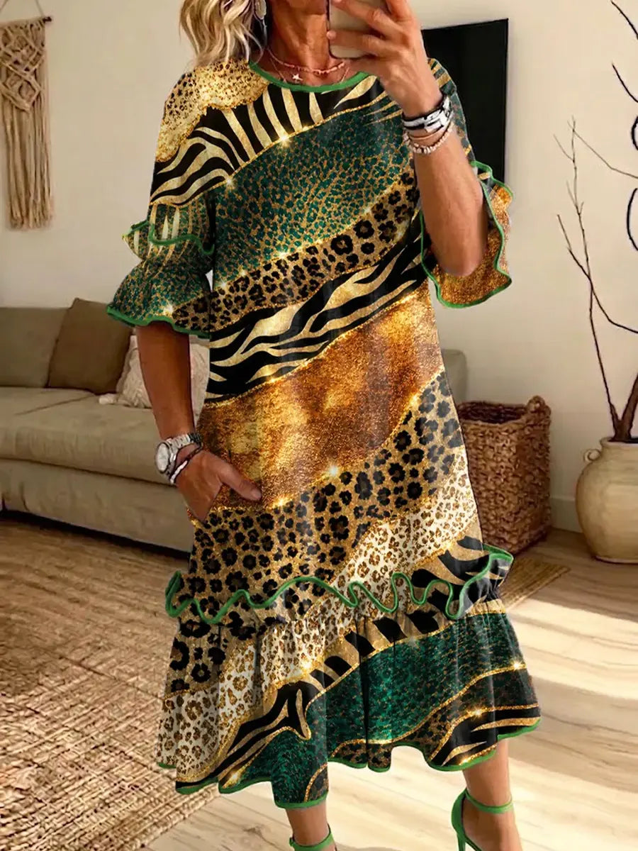 Retro Leopard Patchwork Pattern Art Print Casual Ruffle Stylish Cotton Linen Dress