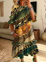 Retro Leopard Patchwork Pattern Art Print Casual Ruffle Stylish Cotton Linen Dress
