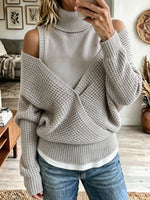 2‑In‑1 Cold Shoulder Turtleneck Knit Sweater, Wrap V‑Neck Pullover