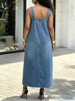 Women Rhinestone Buckle Strap Denim Midi Dress Loose Draped Sleeveless Overall Dress With Pockets