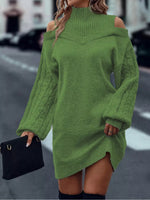 Mock Neck Cold Shoulder Cable Knit Sweater Dress Long Sleeve Mini Dress