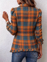 Retro Plaid Pattern Art Print Ruffle Casual Stylish Cotton Lapel Coat
