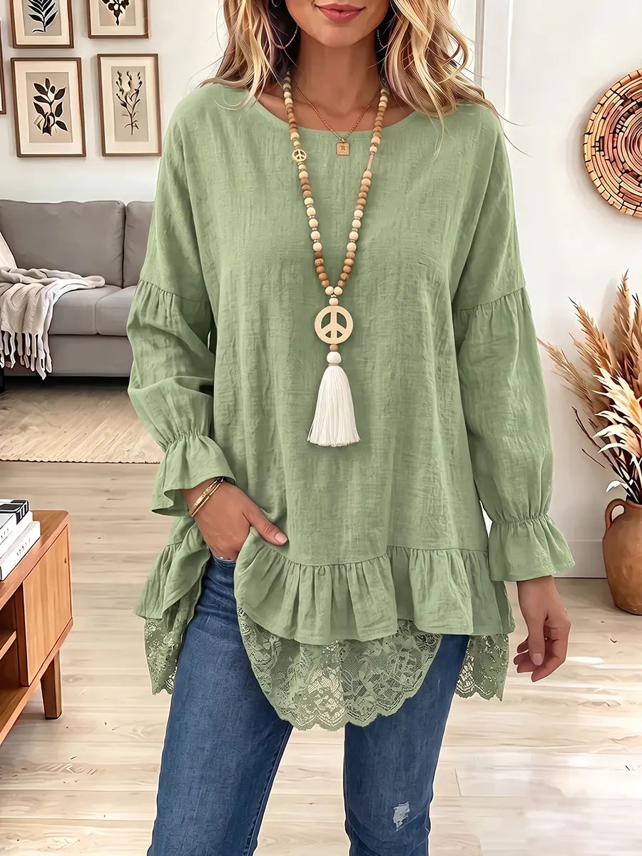Vintage Elegant Cotton-linen Patchwork Lace Shirt