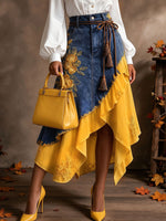 Women Denim Chiffon Patchwork Floral Embroidery Asymmetrical Midi Skirt
