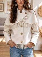 Retro Elegant Chic Fringe Art Casual Stylish Stand Collar Long Sleeve Coat