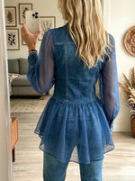 Women's Sheer Organza Peplum Denim Shirt