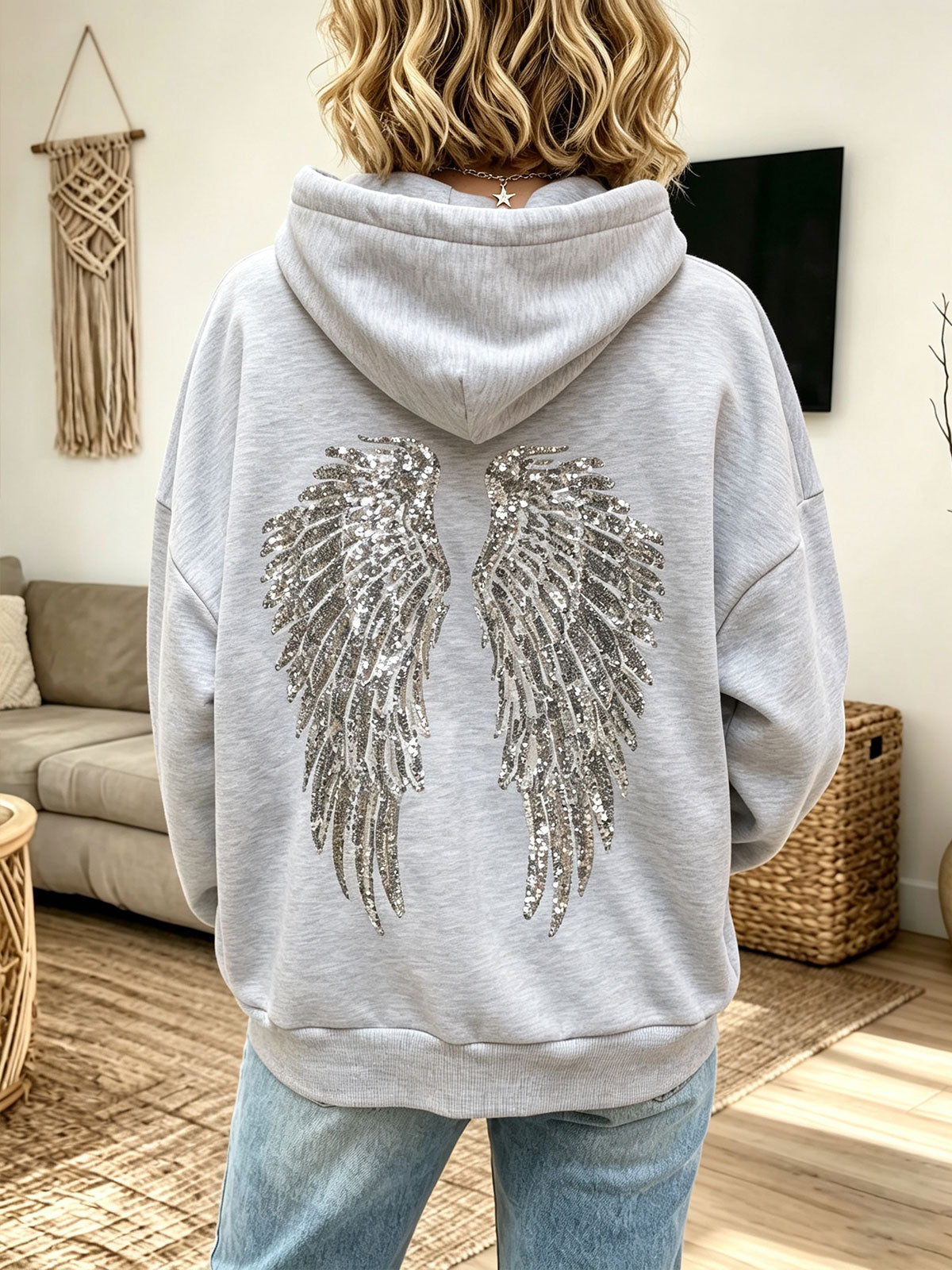 Women Oversized Hoodie With Sequin Angel Wings Back Print