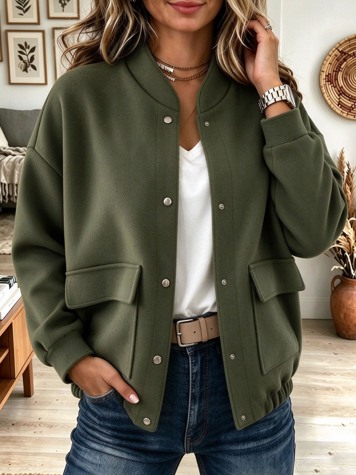 Women's Olive Green Snap Button Bomber Jacket with Cargo Pockets