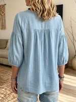 V Neck Button Pleated Puff 3/4 Sleeve Linen Blend Blouse