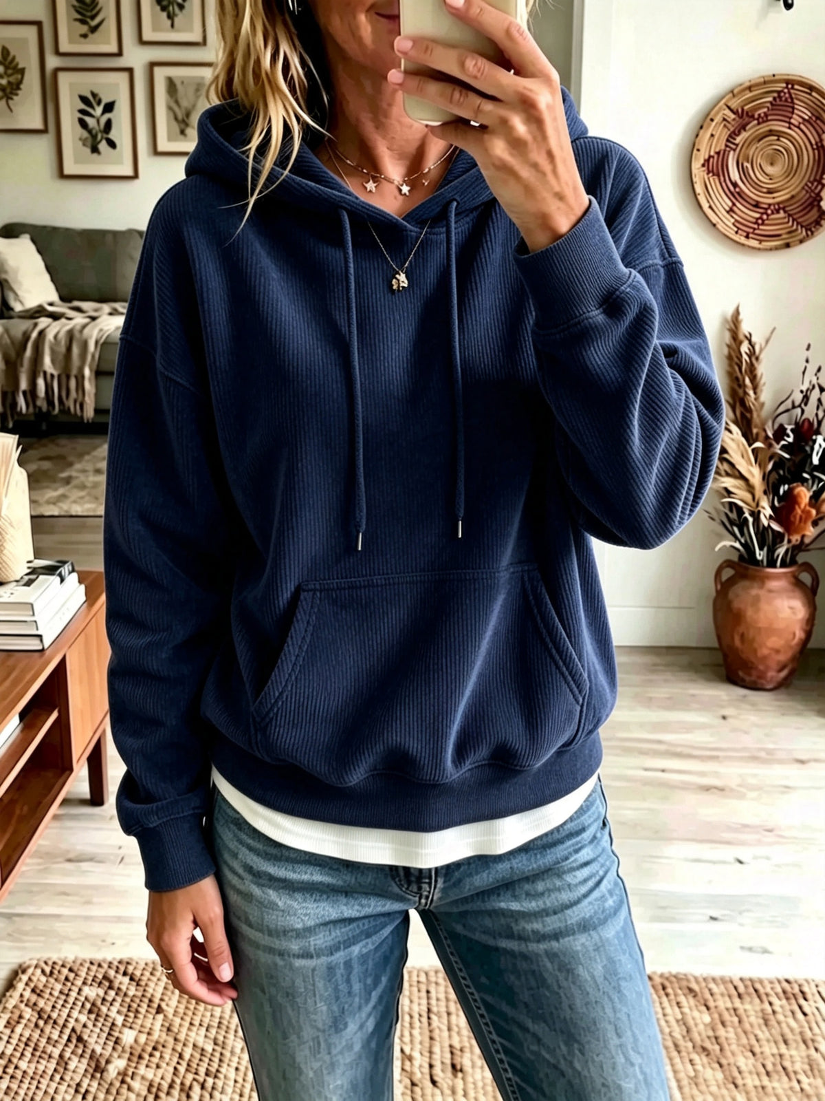 Women Corduroy Drawstring Hoodie, Casual Pocket Long Sleeve Sweatshirt