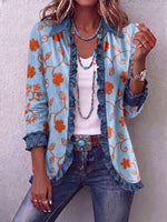 Vintage Elegant Pattern Patchwork Denim Ruffled Jacket