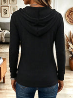 Women's Black Ribbed Knit Quarter Zip Hoodie With Leopard Print Accent Panels