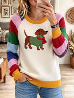 Women's White Rainbow Striped Dog Graphic Casual Knit Sweater