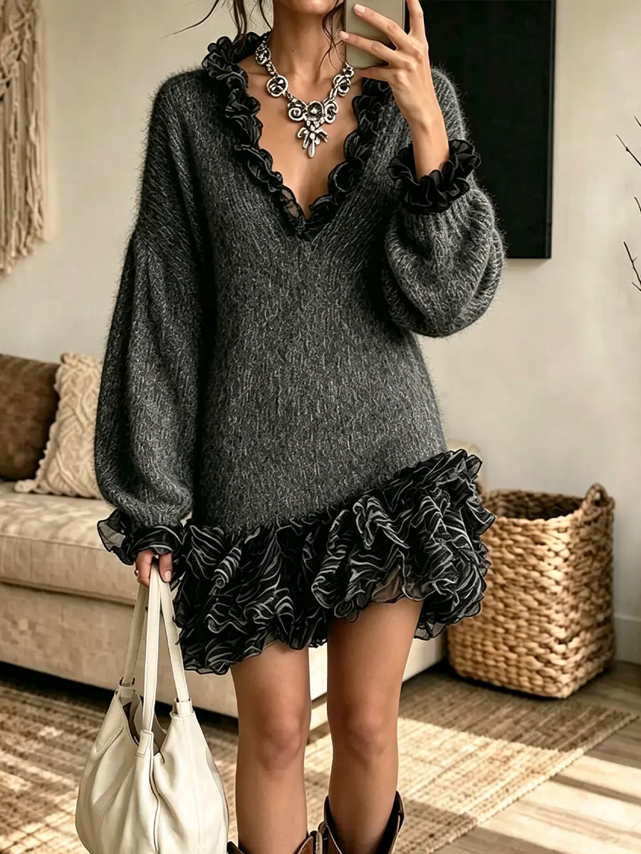 Women's Elegant V-neck Lace Panel Knit Mini Dress