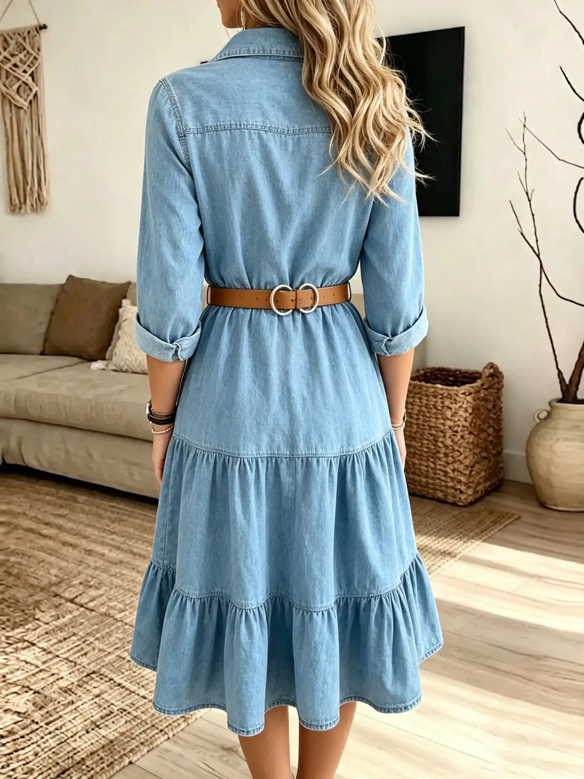 Women's Tiered Denim Shirt Midi Dress