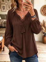 Women's Tassel Tie Split V-Neck Gauze Blouse