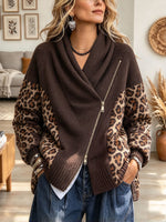 Women's Brown Cowl Neck Zip-Up Cardigan with Leopard Print Contrast