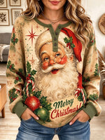 Women's Vintage Santa Claus Graphic Christmas Henley Sweatshirt