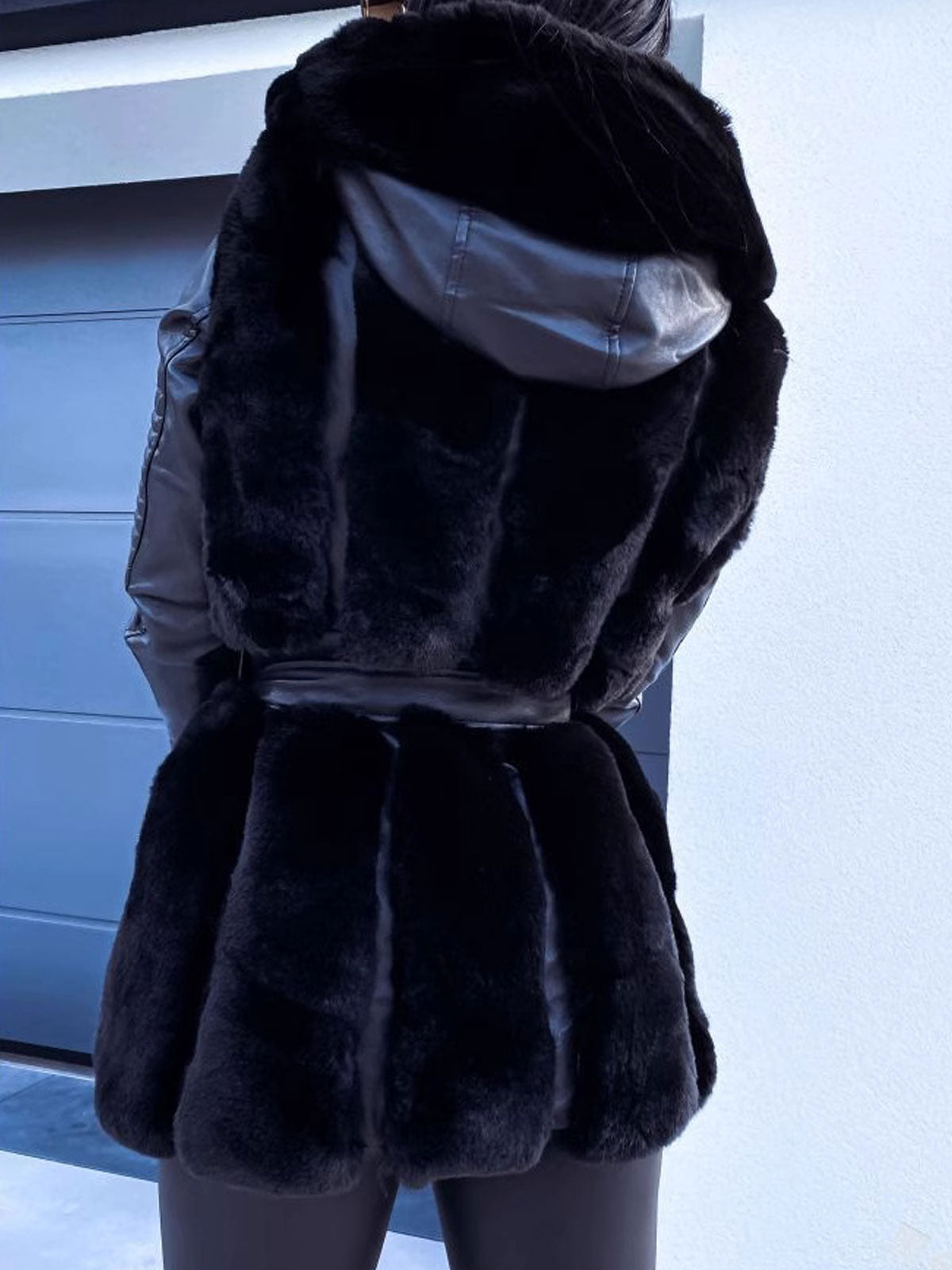 Women Hooded Faux Fur & PU Leather Spliced Belted Winter Coat