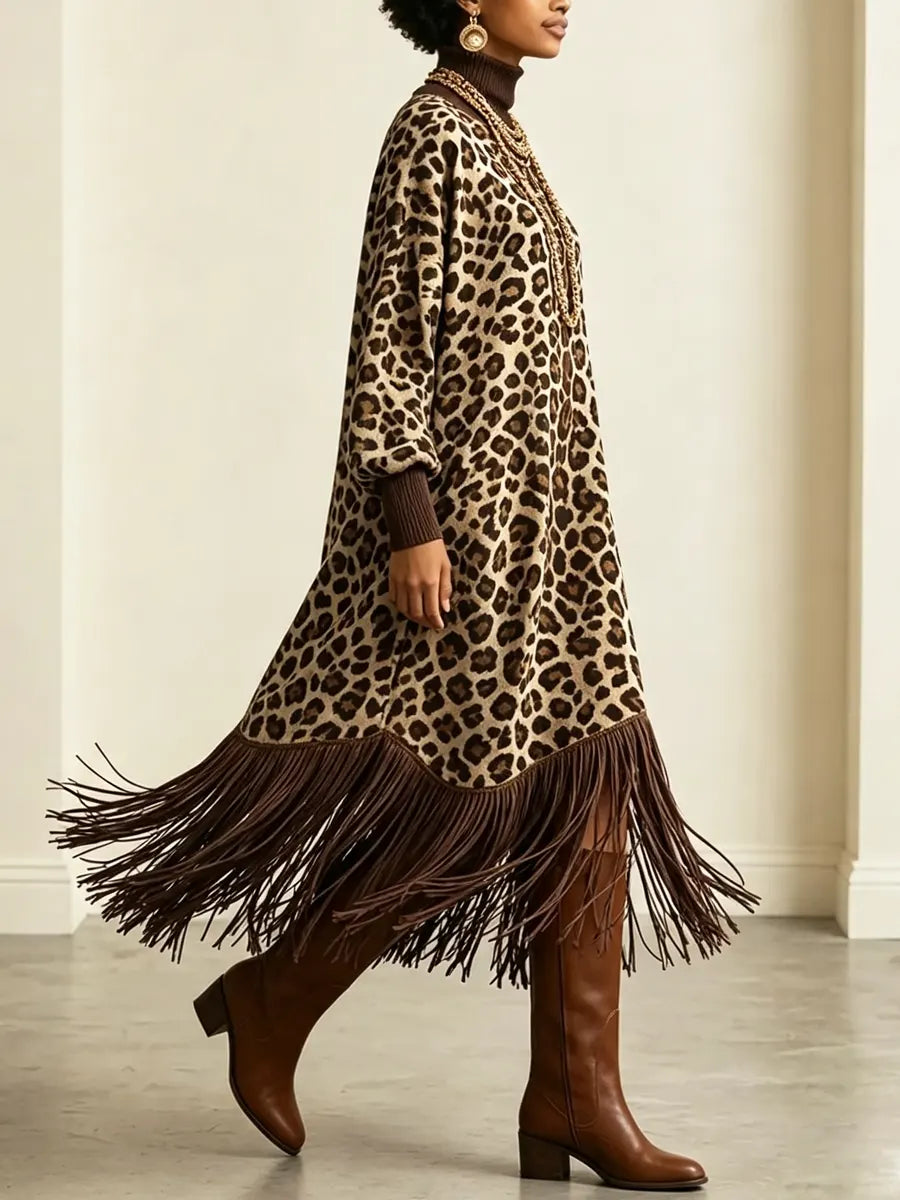 Retro Leopard Pattern Tassel Patchwork Art Print Casual Stylish Long Sleeve Dress