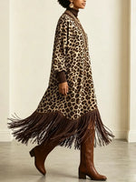 Retro Leopard Pattern Tassel Patchwork Art Print Casual Stylish Long Sleeve Dress