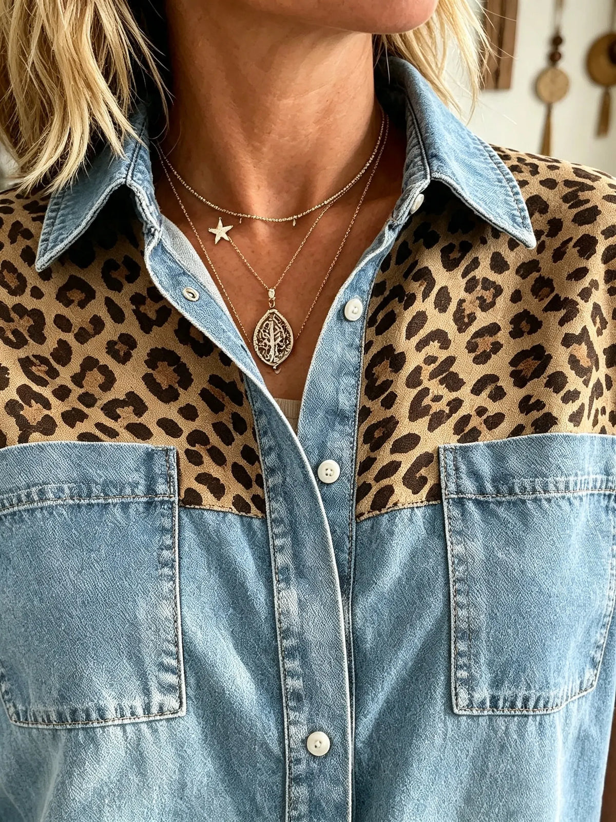 Women's Leopard Yoke Denim Shirt
