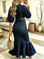 Women's Elegant Puff Sleeve Denim Top With High-waist Skirt Two-piece Set
