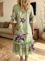 Light Green Purple Floral Butterfly Ruffle Sleeve Midi Dress With Pockets