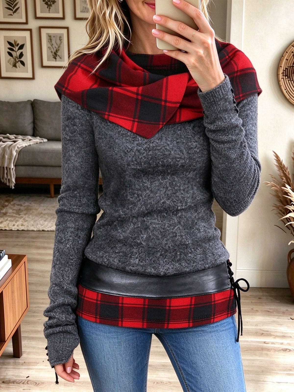 Women's Grey Thermal Top with Red Plaid Cowl Neck and Hem Trim