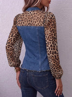 Vintage Elegant Denim Patchwork Leopard Print Zipper Shirt