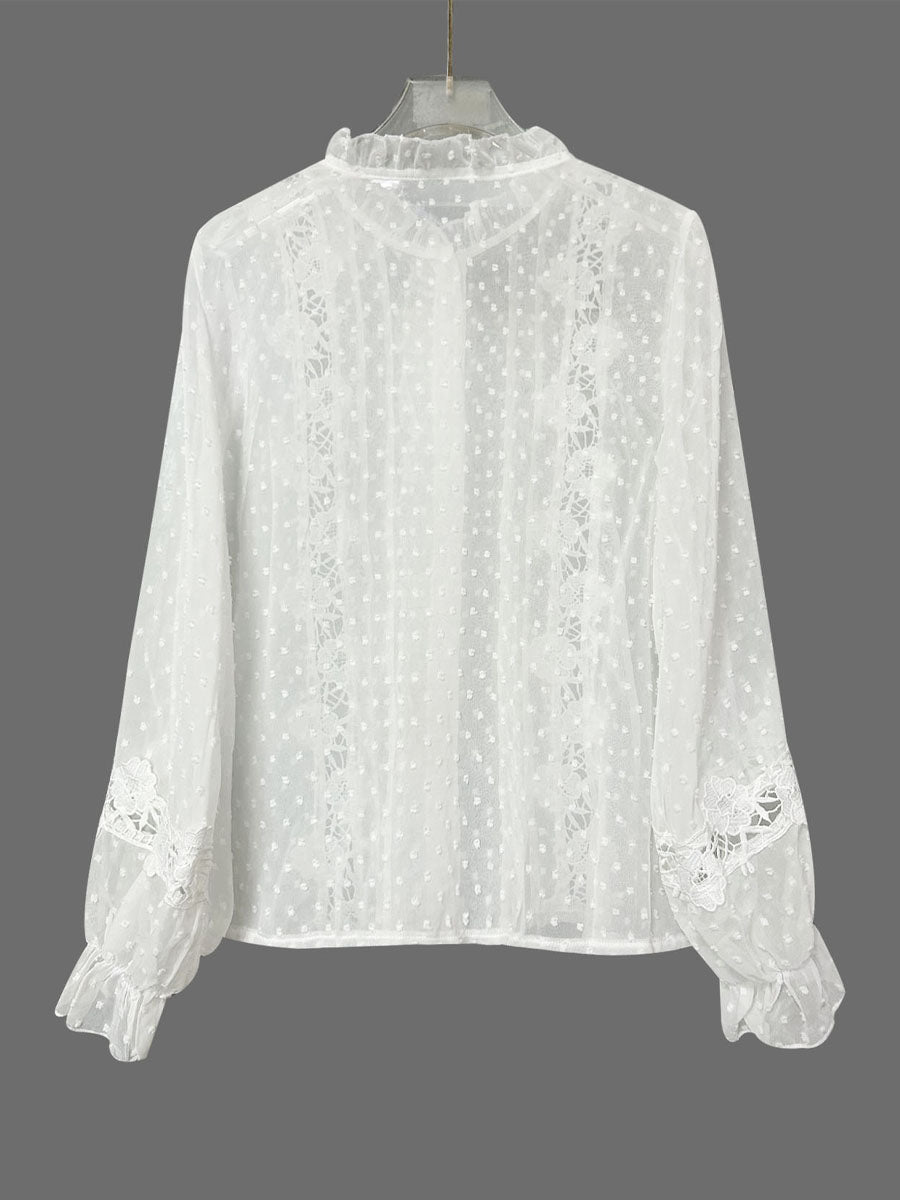 Elegant Floral Hollow Ruffle Long Sleeve Art Casual Lace Button Shirt
