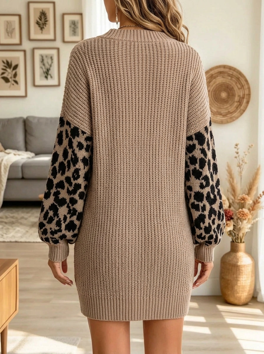Women's Leopard Sleeve V-Neck Knit Sweater Dress