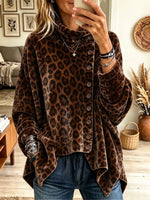 Women's Leopard Print Asymmetrical Button Fleece Pullover
