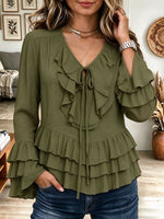 Women's Olive Green V-Neck Tiered Ruffle Tie Front Long Sleeve Peplum Top